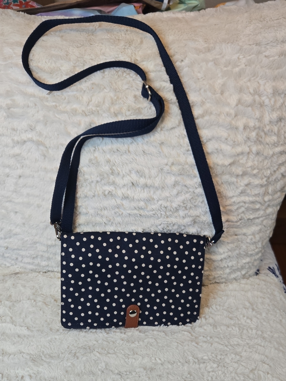 thirty-one Navy Polka Dot Crossbody Bag with Tan Accent